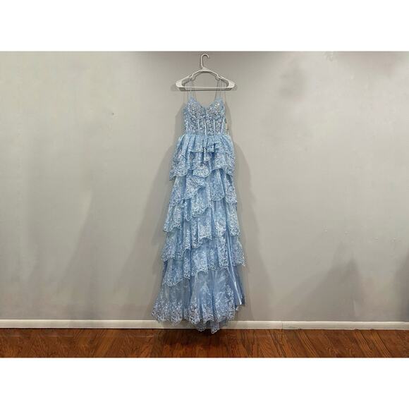 Jovani Gown 38144 Light Blue Tiered Ball Gown with Slit Sz 0 NEW